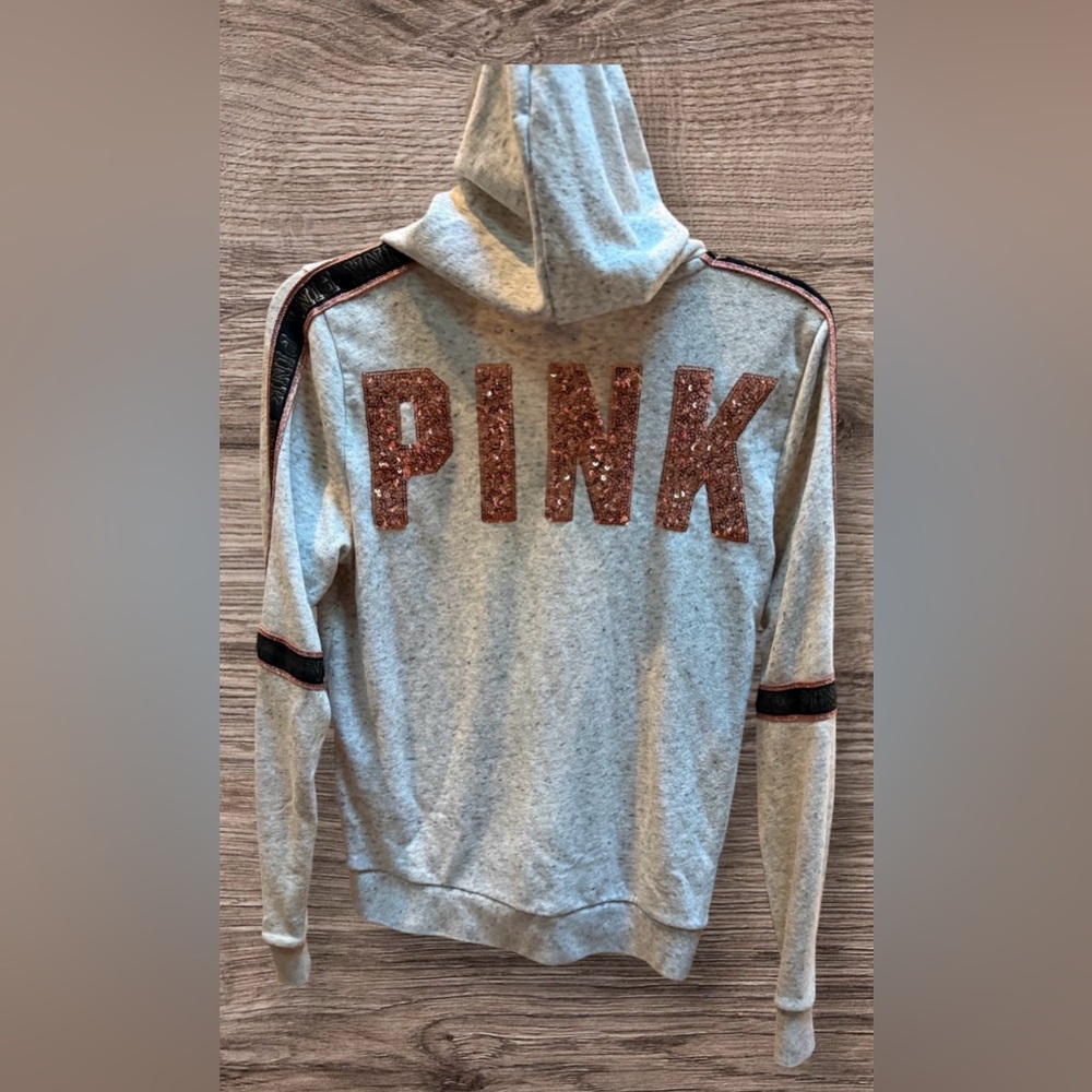 PINK Victoria's Secret Bling Rose gold Sequin Zip Up sweatshirt hoodie. Size XS